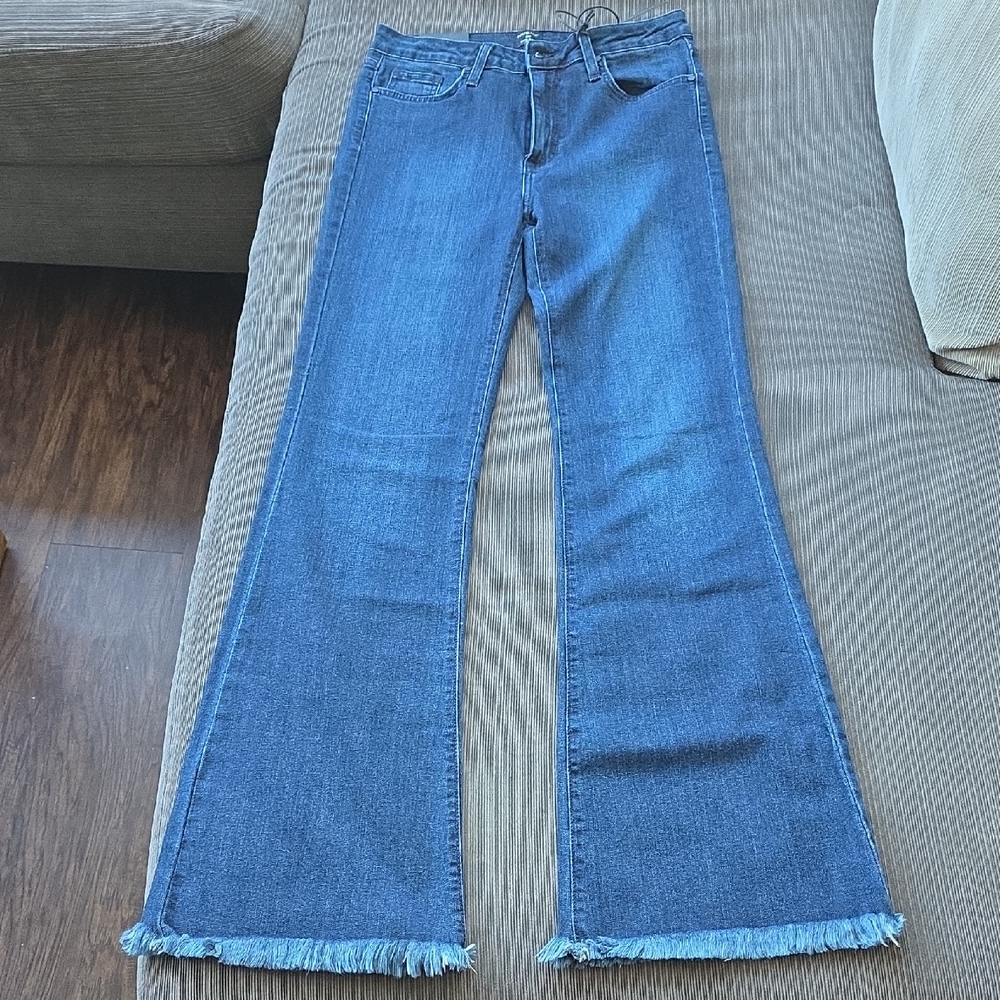 Just Black Denim High Rise Dark Blue Frayed Hem Flare Jeans